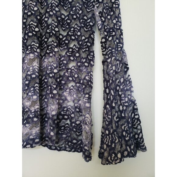 Artistic Works by Lu Womens M Blouse Bell Sleeves Mock Neck Lace Semi Sheer Blue - Picture 3 of 6